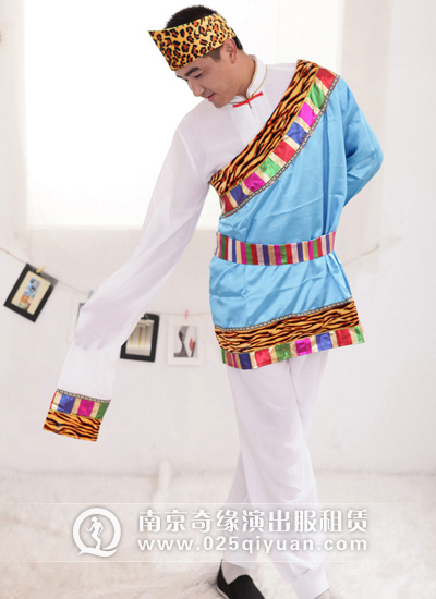 蓝色单肩男士藏族舞蹈服装_少数民族舞蹈演出服装NO:qynmzf(2)